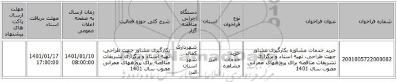 خرید خدمات مشاوره بکارگیری مشاور جهت  طراحی، تهیه اسناد و برگزاری تشریفات مناقصه برای پروژههای عمرانی مصوب سال 1401 