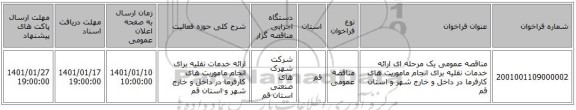 مناقصه عمومی یک مرحله ای ارائه خدمات نقلیه برای انجام ماموریت های کارفرما در داخل و خارج شهر و استان قم