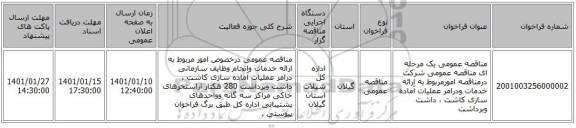 مناقصه عمومی یک مرحله ای مناقصه عمومی شرکت درمناقصه امورمربوط به ارائه خدمات ودرامر عملیات آماده سازی کاشت ، داشت وبرداشت 