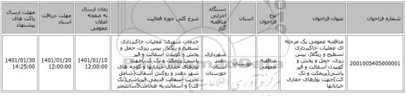مناقصه عمومی یک مرحله ای عملیات خاکبرداری تسطیح و ریگلاژ،  بیس ریزی،   حمل و پخش و کوبیدن آسفالت و قیر پاشی(پریمکت و تک کت)جهت نوارهای حفاری  خیابانها