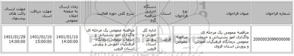 مناقصه عمومی یک مرحله ای واگذاری امور پشتیبانی و خدمات عمومی درمانگاه فرهنگیان آموزش و پرورش استان قزوی