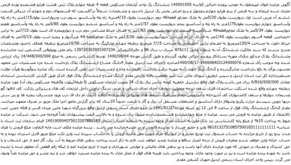 آگهی مزایده ششدانگ یک واحد آپارتمان مسکونی قطعه 4 طبقه چهارم پلاک ثبتی هشت هزارو هشتصدو نوزده فرعی