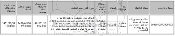 مناقصه عمومی یک مرحله ای دیواره حفاظتی خیابان نیما یوشیج رودخانه کرکرودسر