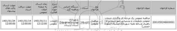 مناقصه عمومی یک مرحله ای واگذاری خدمات عمومی وتنظیفات و پشتیبانی امور خدماتی و راهبری وسائط نقلیه شهرداری ویسیان (بصورت حجمی)