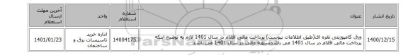 ورق کامپوزیتی نقره ای(طبق اطلاعات پیوست) پرداخت مالی اقلام در سال 1401 لازم به توضیح اینکه پرداخت مالی اقلام در سال 1401 می باشدتسویه مالی در سال 1401 می باشد