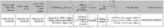 مناقصه عمومی یک مرحله ای عملیات نظافت و رفت و روب سطح شهر به مدت یکسال