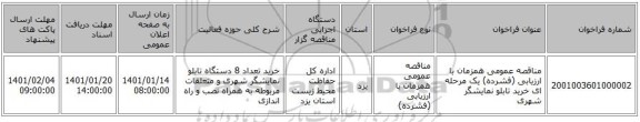 مناقصه عمومی همزمان با ارزیابی (فشرده) یک مرحله ای خرید تابلو نمایشگر شهری