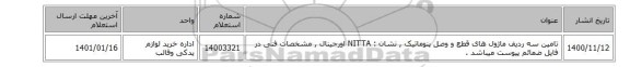 تامین سه ردیف ماژول های قطع و وصل پنوماتیک  , نشان : NITTA اورجینال  , مشخصات فنی در فایل ضمائم پیوست میباشد .