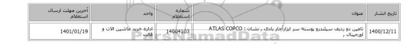 تامین دو ردیف سیلندرو پوسته سر ابزارآچار بادی , نشان : ATLAS COPCO اورجینال ,