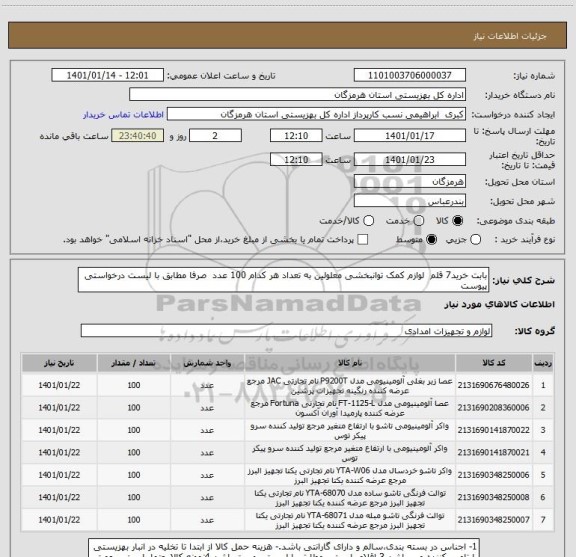 استعلام بابت خرید7 قلم  لوازم کمک توانبخشی معلولین به تعداد هر کدام 100 عدد  صرفا مطابق با لیست درخواستی پیوست