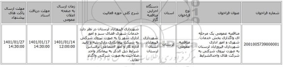 مناقصه عمومی یک مرحله ای واگذاری بخش خدمات شهری و امور اداری شهرداری فیروزاباد لرستان به صورت نیروی شرکتی به شرکت های واجدالشرایط