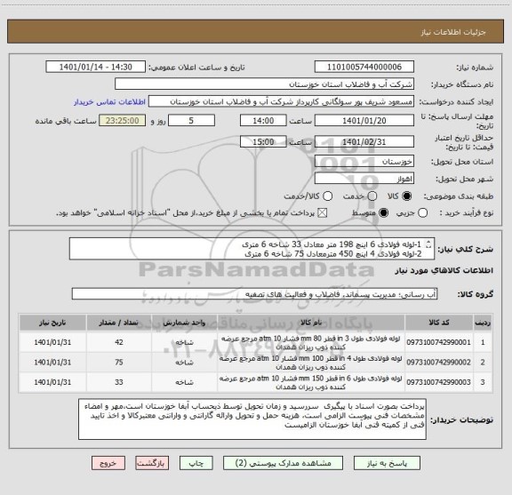 استعلام 1-لوله فولادی 6 اینچ 198 متر معادل 33 شاخه 6 متری
2-لوله فولادی 4 اینچ 450 مترمعادل 75 شاخه 6 متری
3-لوله فولادی 3 اینچ 250 مترمعادل 42 شاخه 6 متری