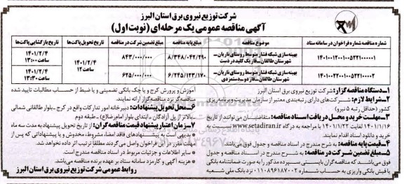 مناقصه، مناقصه بهینه سازی شبکه فشار متوسط ...