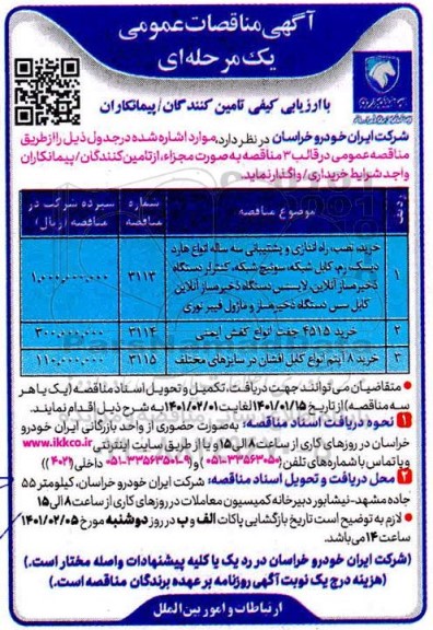 مناقصه خرید ، نصب ، راه اندازی و پشتیبانی سه ساله انواع هارد دیسک رم ...