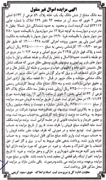 مزایده، مزایده سه دانگ مشاع از شش دانگ یک باب خانه پلاک 59 فرعی