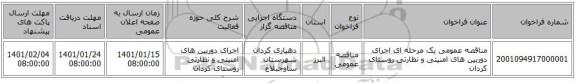مناقصه عمومی یک مرحله ای اجرای دوربین های امنیتی و نظارتی روستای کردان 
