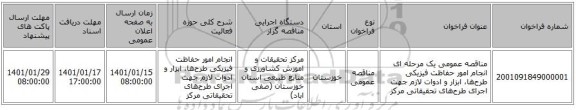 مناقصه عمومی یک مرحله ای انجام امور حفاظت فیزیکی طرح‌ها، ابزار و ادوات لازم جهت اجرای طرح‌های تحقیقاتی مرکز 