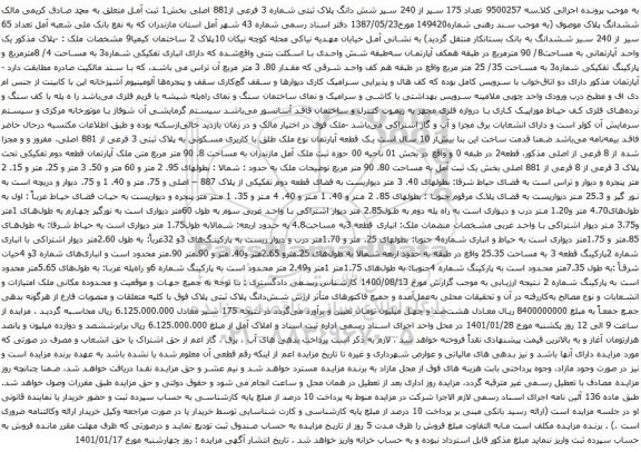 آگهی مزایده تعداد 175 سیر از 240 سیر شش دانگ پلاک ثبتی شماره 3 فرعی از881 اصلی بخش1 ثبت