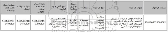 مناقصه عمومی همزمان با ارزیابی (فشرده) یک مرحله ای احداث هنرستان فنی و حرفه ای شهرستان سراوان (ازحیث تکمیل)