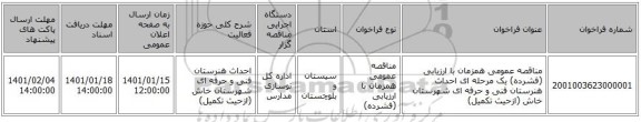 مناقصه عمومی همزمان با ارزیابی (فشرده) یک مرحله ای احداث هنرستان فنی و حرفه ای شهرستان خاش (ازحیث تکمیل)