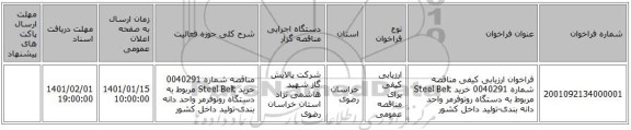 فراخوان ارزیابی کیفی مناقصه شماره 0040291 خرید Steel Belt مربوط به دستگاه روتوفرمر واحد دانه بندی-تولید داخل کشور