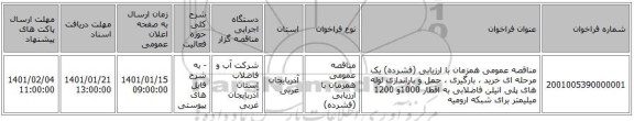 مناقصه عمومی همزمان با ارزیابی (فشرده) یک مرحله ای خرید ، بارگیری ، حمل و باراندازی لوله های پلی اتیلن فاضلابی به اقطار 1000و 1200 میلیمتر برای شبکه ارومیه 