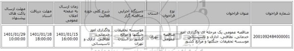 مناقصه عمومی یک مرحله ای واگذاری امور خدماتی، نظافتی، اداری و تاسیساتی موسسه تحقیقات جنگلها و مراتع کشور