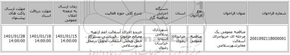 مناقصه عمومی یک مرحله ای خریواجرای آسفالت معابرشهرسلامی