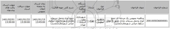 مناقصه عمومی یک مرحله ای  جمع آوری وحمل پسماند عادی شهر به محل سکوی میانی شهرملارد(تجدید)