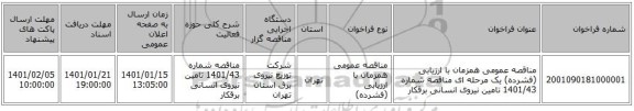 مناقصه عمومی همزمان با ارزیابی (فشرده) یک مرحله ای مناقصه شماره 1401/43 تامین نیروی انسانی برقکار