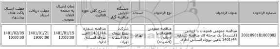 مناقصه عمومی همزمان با ارزیابی (فشرده) یک مرحله ای مناقصه شماره 1401/44 تامین نیروی انسانی اداری 