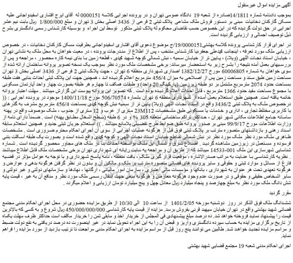 مزایده  فروش ملک مشاعی  پلاک ثبتی 2 فرعی از 3436 اصلی 