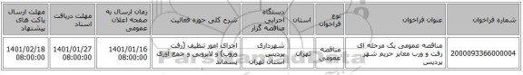 مناقصه عمومی یک مرحله ای رفت و ورب معابر حریم شهر پردیس