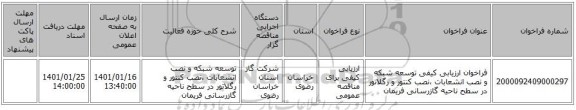 فراخوان ارزیابی کیفی توسعه شبکه و نصب انشعابات ،نصب کنتور و رگلاتور در سطح ناحیه گازرسانی فریمان