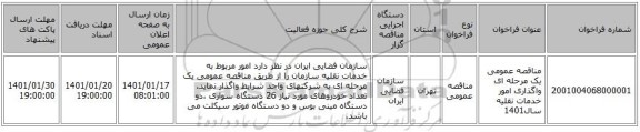 مناقصه عمومی یک مرحله ای واگذاری امور خدمات نقلیه سال1401