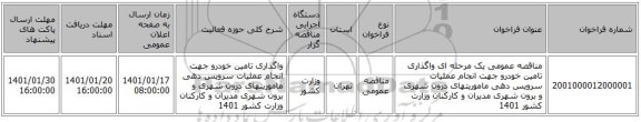 مناقصه عمومی یک مرحله ای واگذاری تامین خودرو جهت انجام عملیات سرویس دهی ماموریتهای درون شهری و برون شهری مدیران و کارکنان وزارت کشور 1401