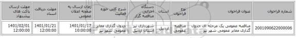 مناقصه عمومی یک مرحله ای جدول گذاری معابر عمومی شهر نیر