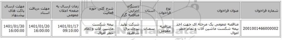 مناقصه عمومی یک مرحله ای  جهت اخذ بیمه شکست ماشین آلات و تمام خطر اموال