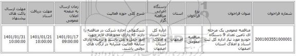 مناقصه عمومی یک مرحله ای تامین تعداد 9 دستگاه خودرو مورد نیاز اداره کل ثبت اسناد و املاک استان اصفهان