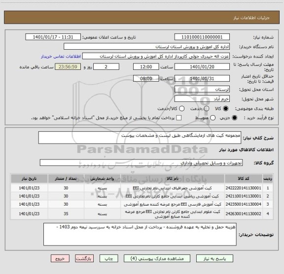 استعلام مجموعه کیت های ازمایشگاهی طبق لیست و مشخصات پیوست 
