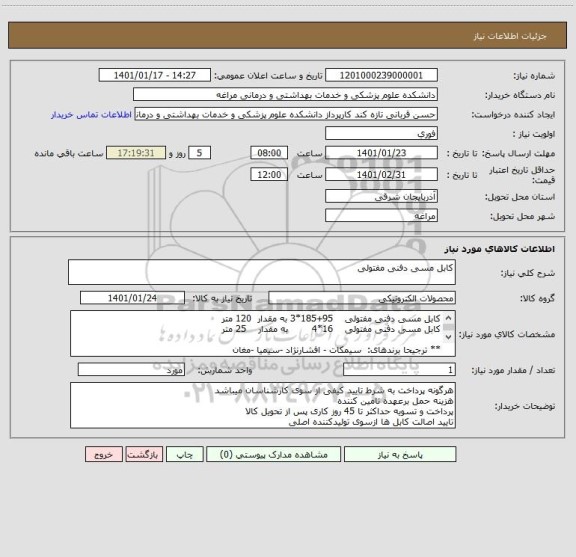 استعلام کابل مسی دفنی مفتولی