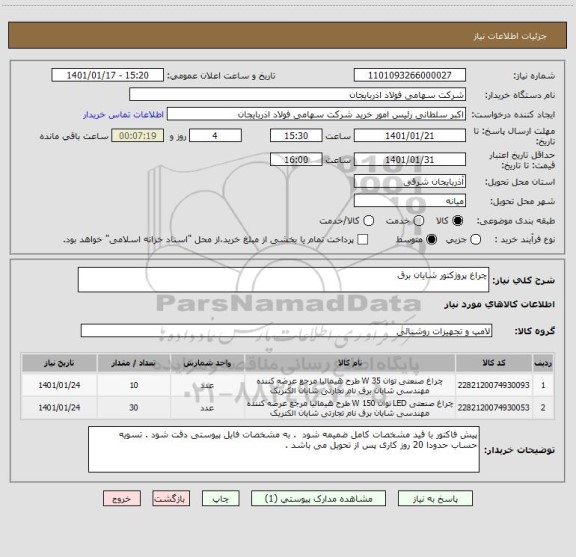 استعلام چراغ پروژکتور شایان برق