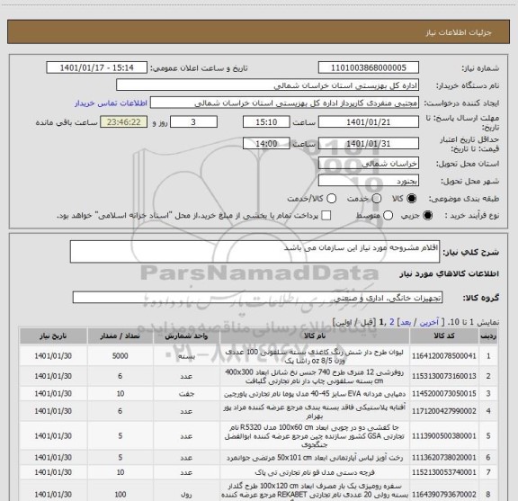 استعلام اقلام مشروحه مورد نیاز این سازمان می باشد