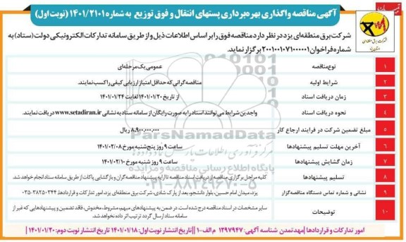 مناقصه واگذاری بهره برداری پستهای انتقال و فوق توزیع 