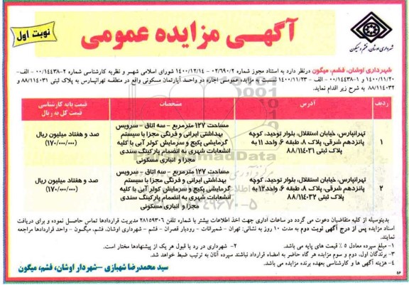 مزایده اجاره دو واحد آپارتمان مسکونی