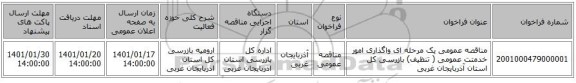 مناقصه عمومی یک مرحله ای واگذاری امور خدمتت عمومی ( تنظیف) بازرسی کل استان آذربایجان غربی 