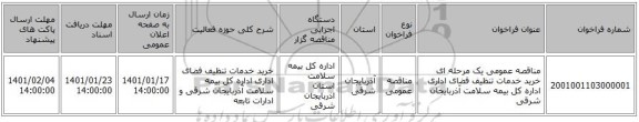 مناقصه عمومی یک مرحله ای خرید خدمات تنظیف فضای اداری اداره کل بیمه سلامت آذربایجان شرقی