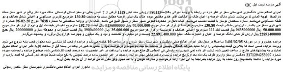 مزایده فروش شش دانگ عرصه و اعیان ملک با مساحت 130.80