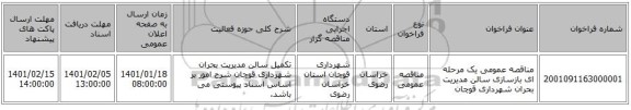 مناقصه عمومی یک مرحله ای بازسازی سالن مدیریت بحران شهرداری قوچان