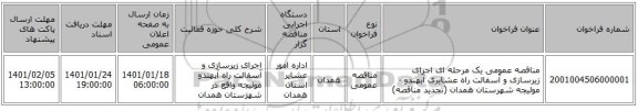 مناقصه عمومی یک مرحله ای اجرای زیرسازی و آسفالت راه عشایری آبهندو -مولیجه شهرستان همدان (تجدید مناقصه)